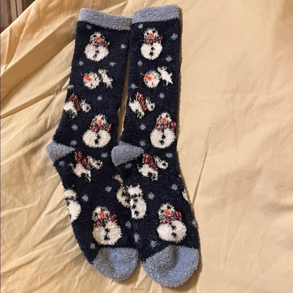 NEW Snowman print thick warm fleecy winter cozy mid calf socks WASHED BUT UNWORN